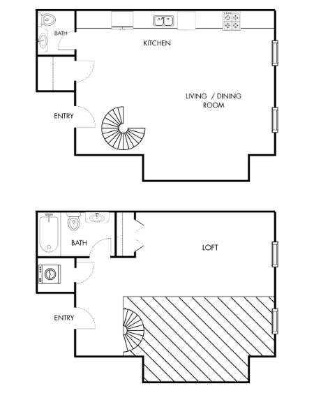 Floor plan for 1 bed, 1.5 baths, 797 sqft